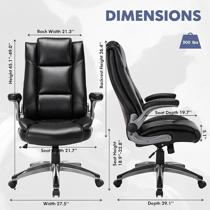 COLAMY Leather Executive Office Chair - High Back Home Computer Desk Chair with Padded Flip-up Arms Adjustable Tilt Lock Swivel Rolling Ergonomic Chair for Adult Working Study Black