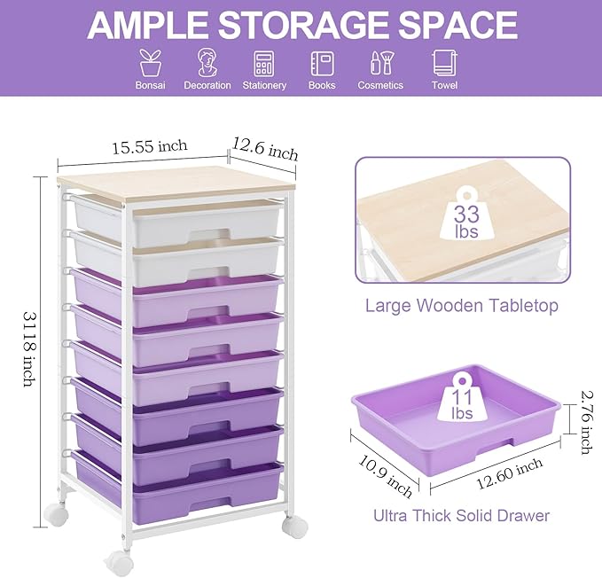 Rolling Cart with DrawersUtility Cart With 8 Drawers and Wooden Tabletop for Living RoomClassroomBedroomBathroomDormOfficePurple