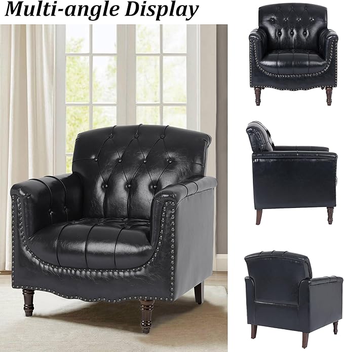 Faux Leather Accent Chair PU Leather Modern Comfy Upholstered Armchair with Wood Legs &amp Nailhead Trim for Living Room Bedroom (Black BlueSet of 1)