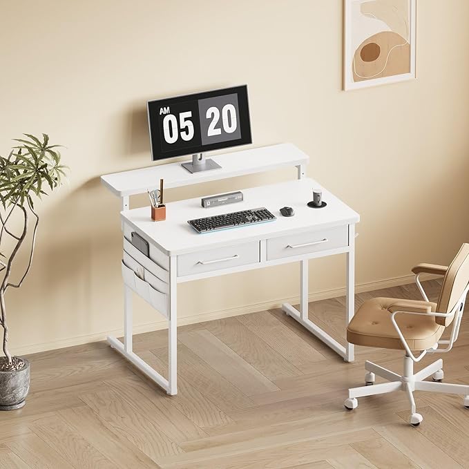 Small desk with Drawers 31.5X15.8-22.9 Inches Office Computer Desk with Side Pocket &amp Ergonomic Adjustable Monitor Stand Writing Table for Small Spaces Kids desk vanity desk Bedroom White