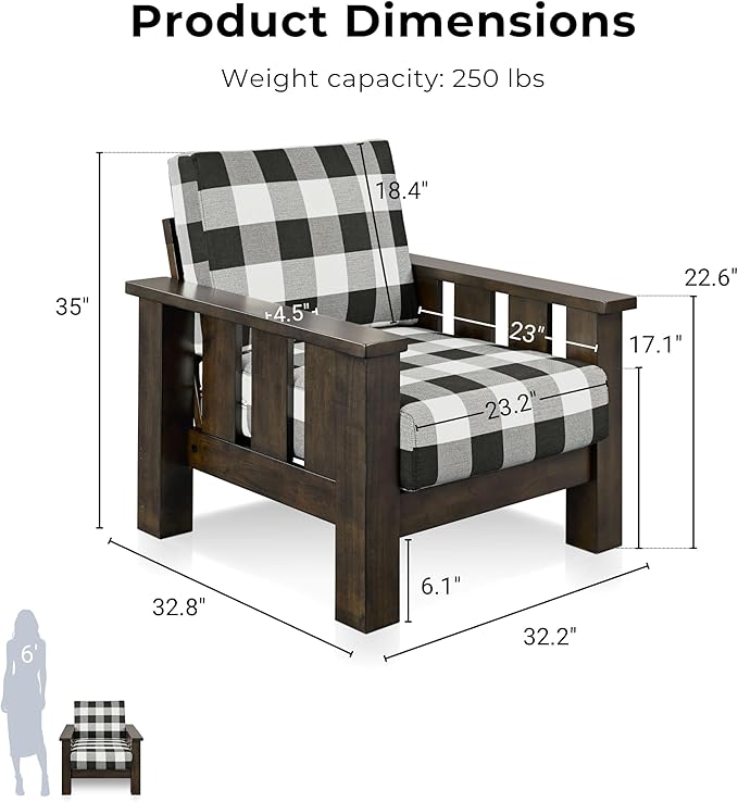 Furniture of America Gavik Modern Solid Wood Arm Chair with Plaid Removable Cushions Black and White Upholstery Fabric Comfortable Upholstered Seating for Living Room Guest Room Dark Walnut