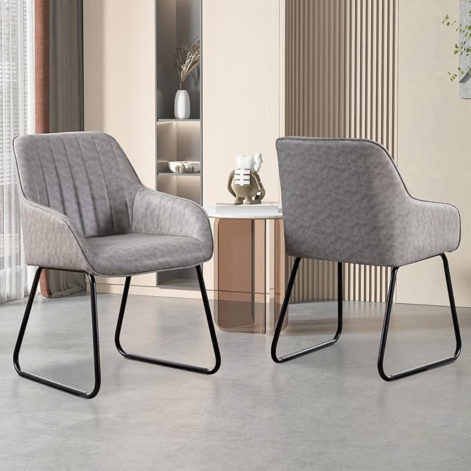 Vanity Art Mid Century Modern Accent Chair with Arms Upholstered Synthetic Faux Leather Chair for Living Room Bedroom Reading Area Comfy Dining Chairs Set of 2 (Grey) UC-15G