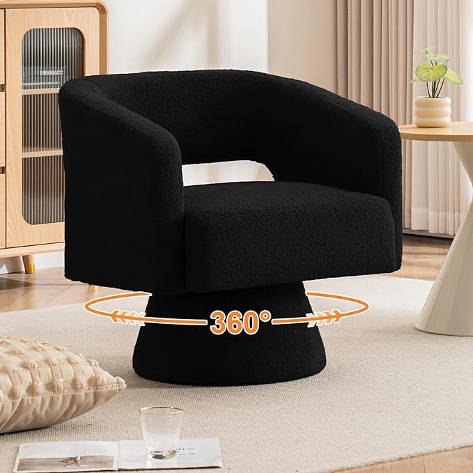 ClinQ Swivel Barrel Accent Chair Oversized Teddy Upholstered Round Swivel Chairs Set of 3 Modern Luxury 360° Living Room Vanity Chair for Bedroom Office&ampLiving Room Black