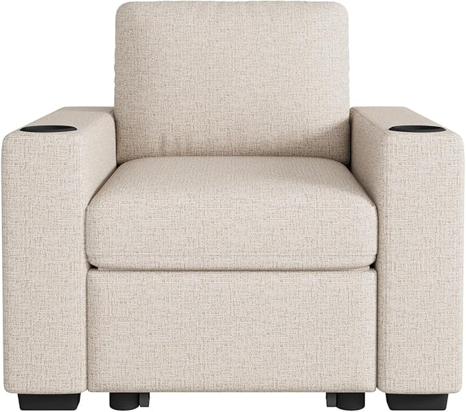 Merax 35.4 Modern Convertible Sofa Bed Pull-Out Sofa Couch Single Sleeper Chair with Pull-Out Mechanism USB Ports and Cup Holders Chenille Fabric for Living Room Small Space Biege