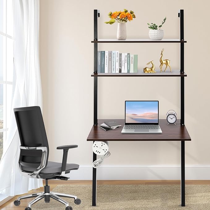 3 Tiers Wall Mount Desk Industrial Ladder Desk Computer Desk Writing Table with Bookshelf Floating Pipe Table with Power Strip for Home Office Dormitories Brown
