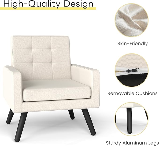 Kromax Mid-Century Modern Accent Chair for Living Room 496 Lb. Weight Capacity Dual Armrests Comfy Extra Large Seat Timeless Style Perfect for Reading &amp Relaxing Cream