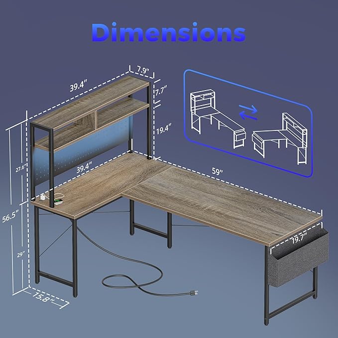 Mericonia 59 inch Large L Shaped Desk with Pegboard Hutch &amp Shelves Corner Gaming Desk with Power Outlet LED Light &amp Storage Bag Reversible Computer Desk for Home Bedroom Office Workspace
