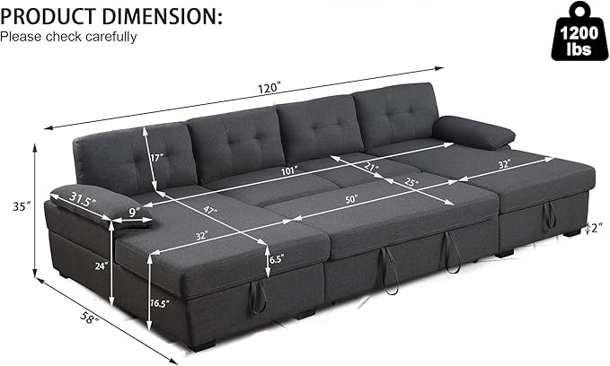 BEEY Sectional Sleeper Sofa 120 Oversized Couch Bed 4 Seat Sofa Bed U Shaped Sectional Couch with Pull Out Bed and Double Storage Chaise for Living Room Bedroom Dark Grey