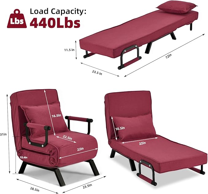 Convertible Sofa Bed Sleeper ChairSingle Person Chaise Lounge Couch with PillowUpholstered Lazy Bed with 6 Angles Adjustable BackrestFolding Sofa Arm Chair for Apartment/Office/Home (Red)
