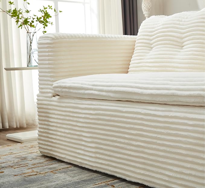 Sleeper Sofa with Chaise Lounge Convertible Sectional Couch Bed Plush Corduroy 3-Seat Sofa with Blanket Deep Seat King Size Sleeper for Small Apartment No Assembly Required (White)