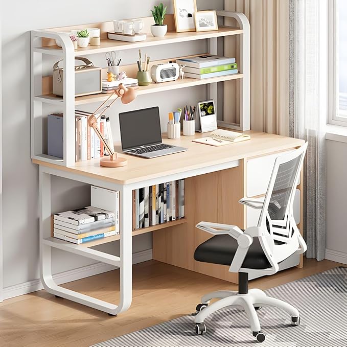 CraftThink Writing Desk Chair Set Rectangular Study Table with 3-Drawer and Storage Shelves Wheeled Chairs Computer Desk Table for Home Office (Wood Color Desk &amp Chair 55 L x 19 W x 56.5 H)