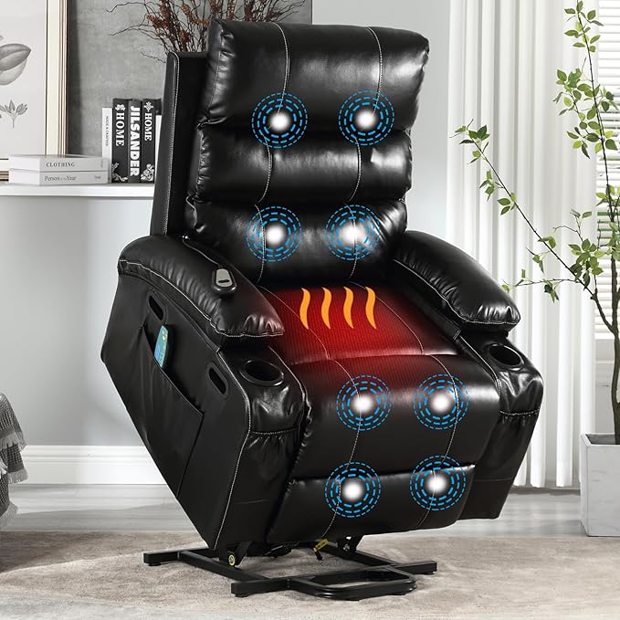 Faux Leather Electric Recliner Lift Chair with Massage and Heat for Elderly Adult Power Lift Recliners Chairs with Cupholders Side Pockets for Living Room Bedroom Lounge