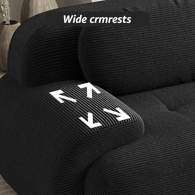 152 Modern Boneless Couches for Living Room Corduroy Cloud Couch Sectional Black Modular Sectional Sofa 4 Seater with 2 Ottoman Sofas para Sala U Shaped Couch (Black 4+2 Set)