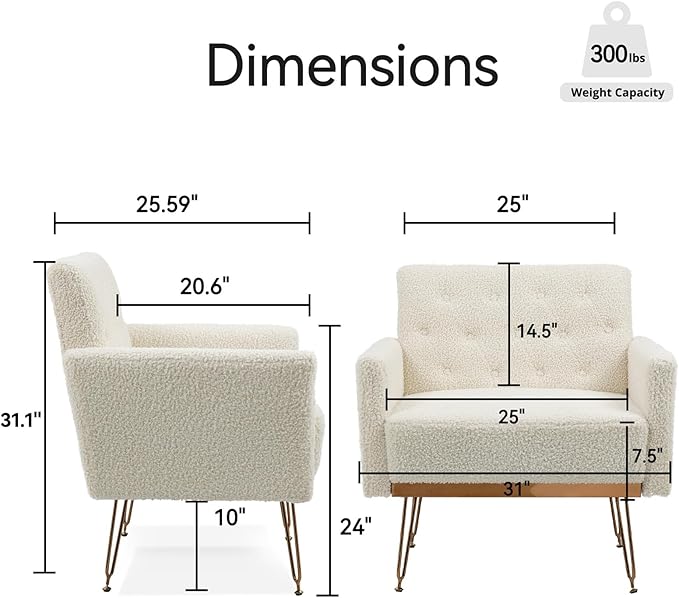 White Accent Chair for Living RoomBedroom | Mid Century Modern Armchair with Leg and Tufted Back Teddy Comfy Small Single Reading Chair (White)