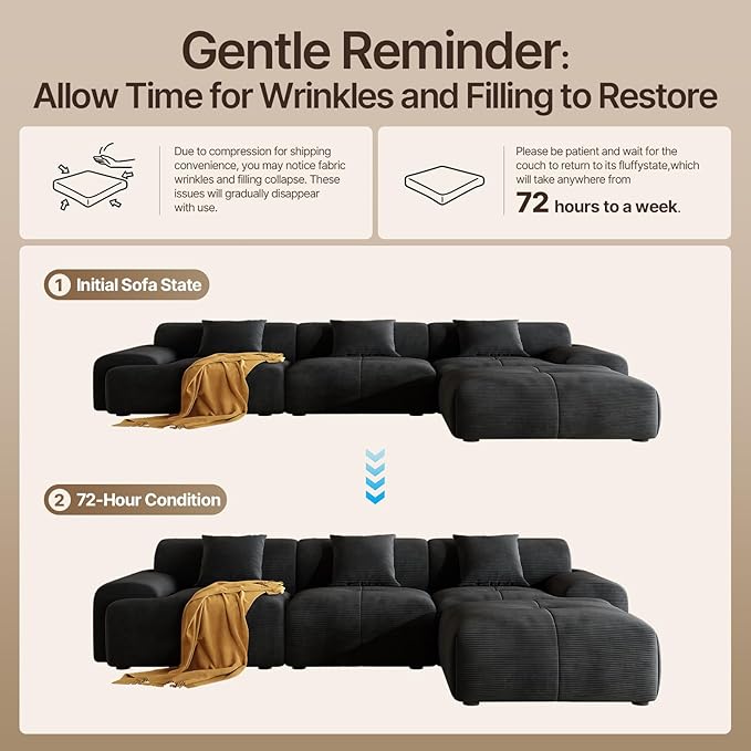 113 Modern L-Shaped Modular Sectional Sofa for Living Room Corduroy Upholstery Black 3-Seater Cloud Couchand Movable Ottoman – No Assembly Black