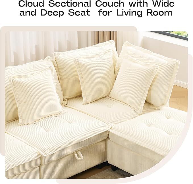 Modular Sectional Sofa 102.5 L-Shaped Cloud Couch with Storage 4-Seater Deep Seat Couch with Tufted Cushions &amp Removable Pillows Comfy Corduroy Couches for Living Room Beige | Modern couch