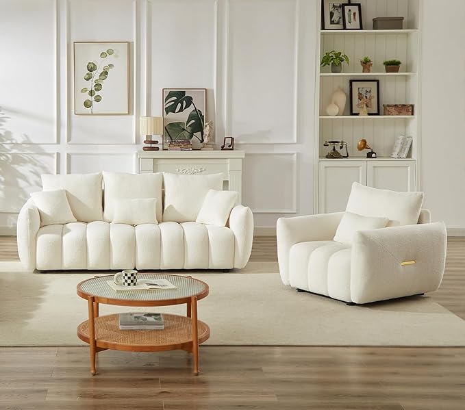 Antetek Set of 3 Teddy Sofa for Living Room Modern 2 Units Deep Seat Sofa Chairs and an Oversized 3-Seater Cloud Boucle Couch for Bedroom Office Apartment Furniture Set Beige (3 Pieces)