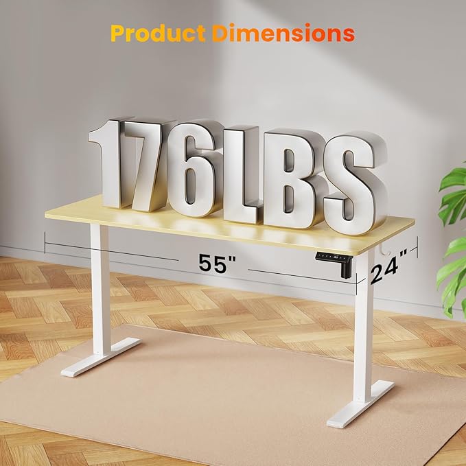 55x24 Inches Height Adjustable Electric Standing Desk with 2 Hooks for Home Office Ergonomic Sit Stand up Desk with Splice Board Oak