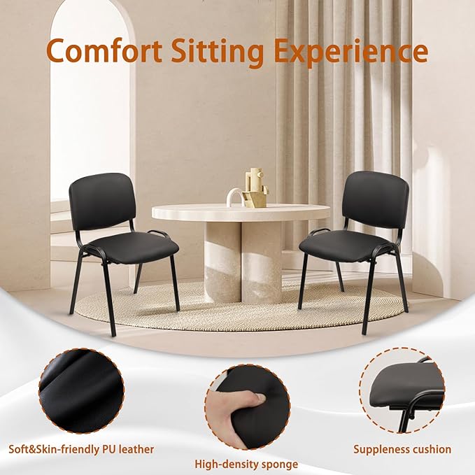 CLATINA Stacking Waiting Room Chairs PU Leather Armless Office Guest Chair with Metal Frames Stackable Conference Room Chairs No Wheels for Reception Lobby Side Meeting Training School Black