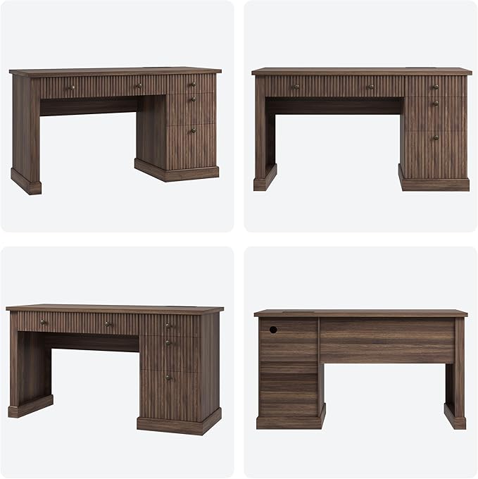 GAOMON 54'' Fluted Home Office Desk with Storage Modern Executive Desk with Charging Station Wooden Computer Desk with Drawers for Storage File Writing Desk for Study Living Room Bedroom