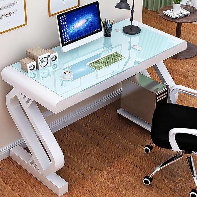 Tempered Glass Computer DeskModern Office Desk with Glass Top &amp Z-Shaped Metal FrameSturdy Writing Desk Table Study DeskGaming Desk Computer Desk for Home Office Workstation