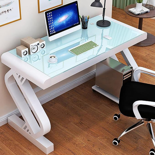 Tempered Glass Computer DeskModern Office Desk with Glass Top &amp Z-Shaped Metal FrameSturdy Writing Desk Table Study DeskGaming Desk Computer Desk for Home Office Workstation