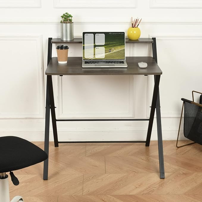 FurnitureR 32'' Folding Desk No Assembly Required Desk 2 Tier Computer Desk for Study Home Office Portable Foldable Laptop Table with Metal Frames/Wood Top Rustic Brown