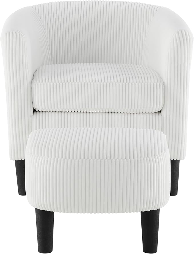Modern Accent ChairUpholstered Arm Chair Linen Corduroy Single Sofa Chair with Ottoman Foot Rest Comfy Armchair for Living Room Bedroom and Office (White)