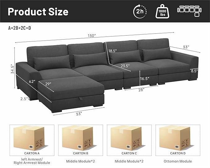 130Sectional Couches for Living Room - Large Modular 5 Seat Sectional Couch-Velvet Linen with Storage Deep Seat Sofa-Convertible Sofa for Large Living Rooms-with ChaiseWashable Covers-Dark Gray