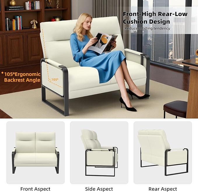 Modern Leather Loveseat Small Sofa with Side Tray &amp Pocket Upholstered Mini Couch for Living Room Office Guest Room Beige