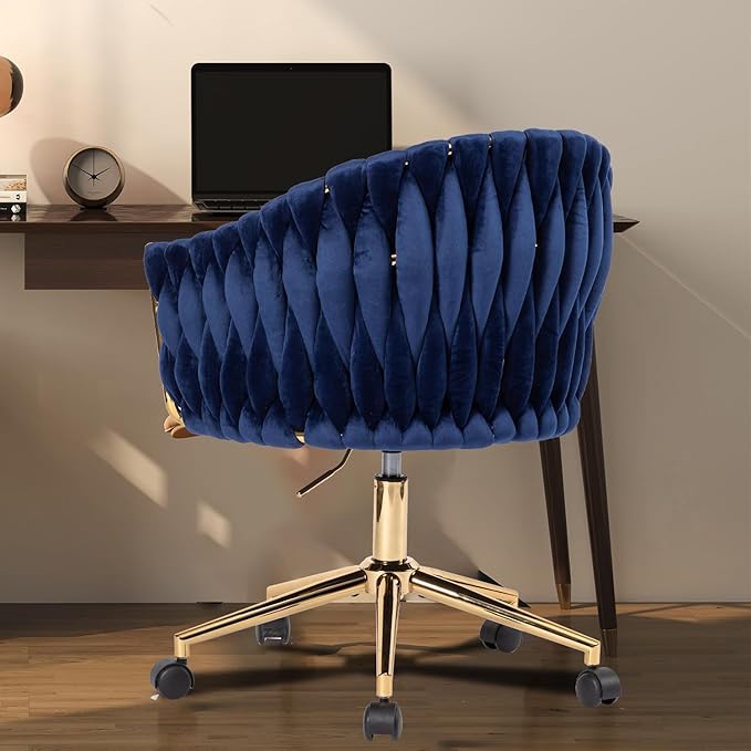 Velvet Office Chair with Back Vanity Chairs with Wheels 360° Swivel Velvet Home Office Desk Chair Accent Chair Makeup Vanity Chair for Bedroom Living Room(Blue)
