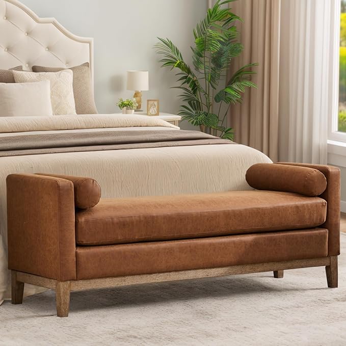 Chifee &amp Vingol 66 End of Bed Bench King Size Upholstered Leather Bench for Bedroom Entryway Brown