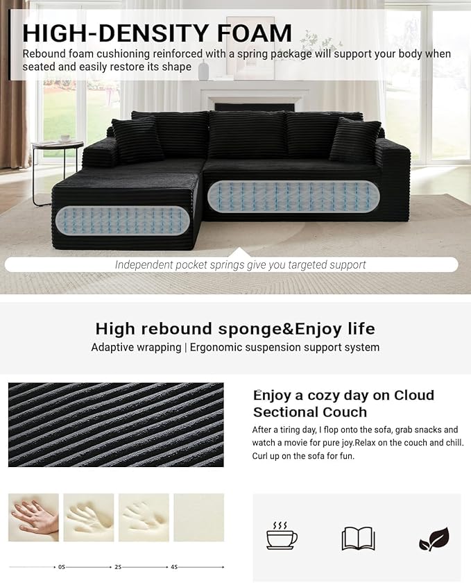 Cloud Sectional Couch Corduroy Modular Sectional Sofa with L-Shape Chaise Modern Boneless Couch Comfy Deep Seat for Living Room Bedroom No Assembly (Black Left Facing Chaise)