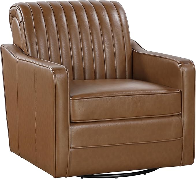 Lexicon Swivel Accent Chair with Track Arms Faux Leather Arm Chair with Solid Wood Frame and Metal Base Deep Seat Swivel Sofa Chair Modern Reading Chair for Living Room/Office/Apartment Cognac