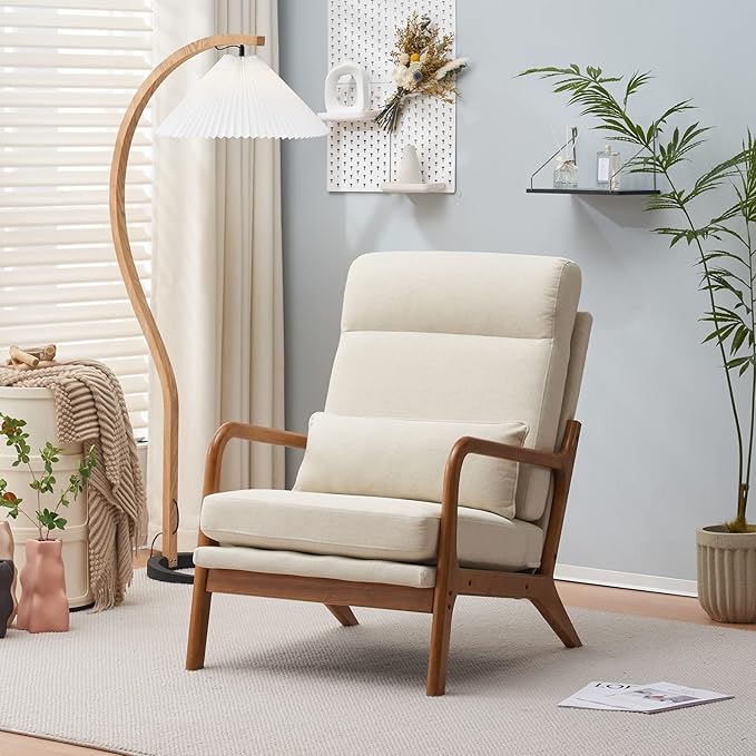 Accent Chair Mid-Century Modern Chair with Pillow High Back Upholstered Lounge Arm Chair with Solid Wood Frame &amp Soft Cushion for Living Room Bedroom Belcony White