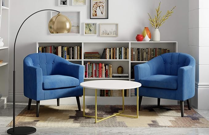 Ivey Barrel Chair Button Tufted Plush Back Cushion Luxury Black Wooden Legs Modern Living Room Upholstery Accent Furniture Blue Velvet