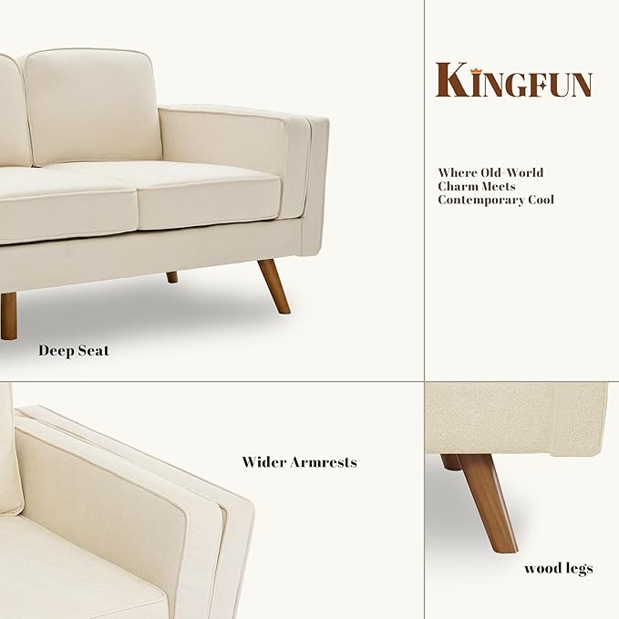 Kingfun 83 Chenille Sofa 3 Seater Couch with Deep Seats Mid Century Modern Upholstered Couches with Dual-Layer Armrests for Living Room &amp Bedroom Beige