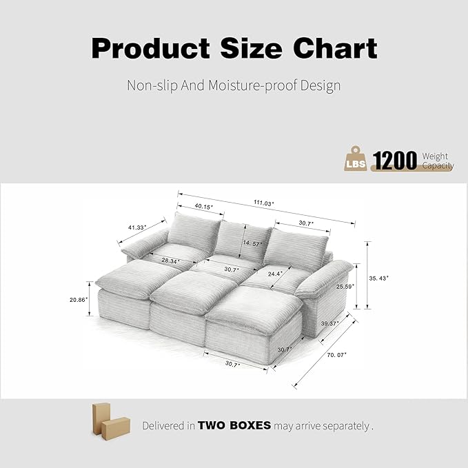 Modular 2-in-1 Sofa Bed &amp Ottoman Set - Corduroy Boneless Cloud-Like Living Room (Black Sofa Bed-3 Seaters+3 Ottomans)