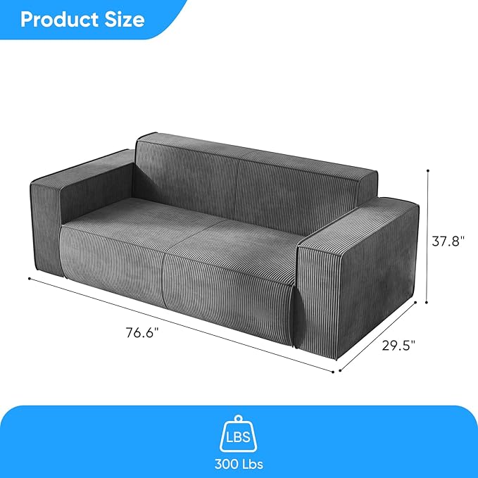 Mjkone 76 Modern Corduroy Sofa Couch Comfy 3 Seater Sofa with Deep Seat Couch for Living Room/Apartment/Office/Home No Legs/No Installation/Easy to Transport (Grey)
