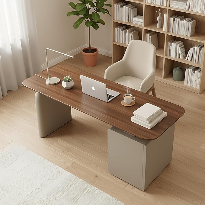 63 Inch Computer Desk with 3 Drawers Modern Writing Desk with Faux Marble Tabletop Walnut Executive Desk Home Office Desk for Lvining Room Bedroom Study