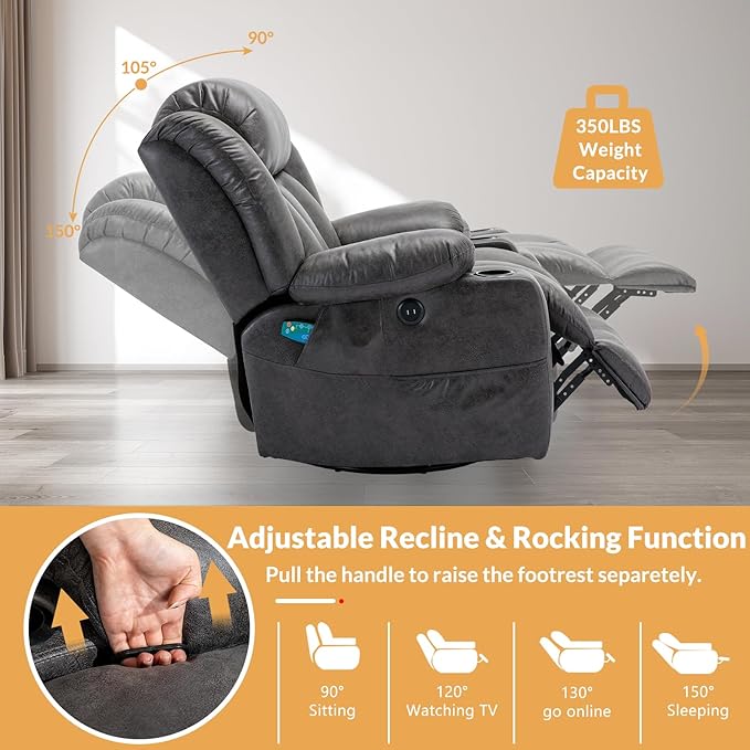 360° Swivel Glider Rocking Recliner Chair Overstuffed Manual Massage Recliner with Heat and Vibration Single Modern Sofa Home Theater Seating for Living Room USB Ports/Cup Holders (Grey)