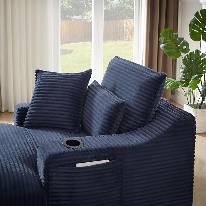 67.7 Oversized Chaise Lounge Chair Indoor Modern Corduroy Single Sleeper Couch Chair with 3 Soft Pillows＆Cup Holder Boneless Cloud Couch Single Seat Sofa for Living Room Bedroom (Blue)