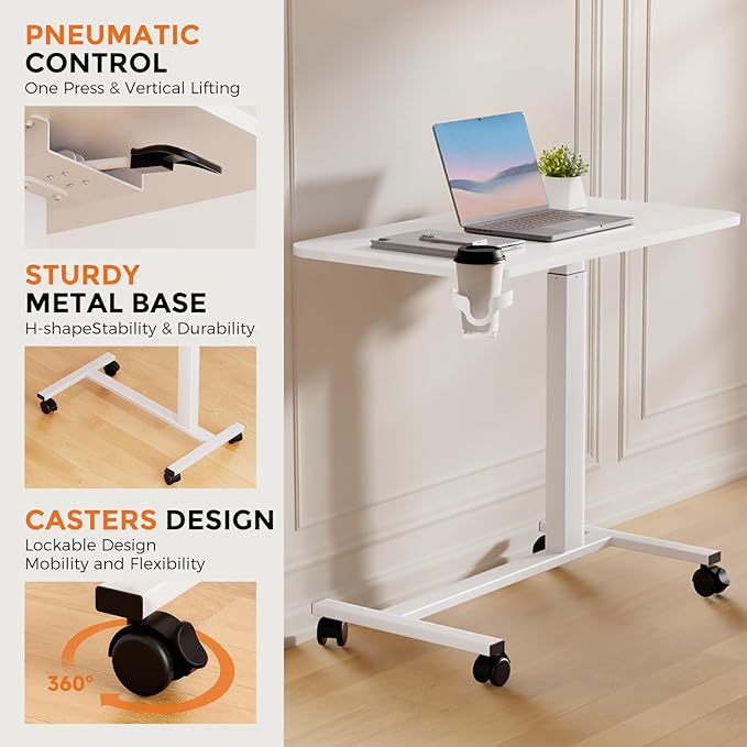 GTPLAYER Small Standing Desk with Lockable Wheels Pneumatic Mobile Rolling Laptop DeskAdjustable Height Overbed Bedside Table Computer Workstation for Home Office (28 W x 16 D White)