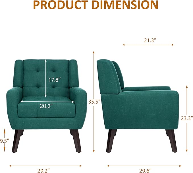 Accent Chairs Set of 2 Mid-Century Modern Upholstered Armchair Comfy Fabric Living Room Chairs Reading Chairs with Button Tufted Back &amp Solid Wood Legs for Bedroom Office Light Blue