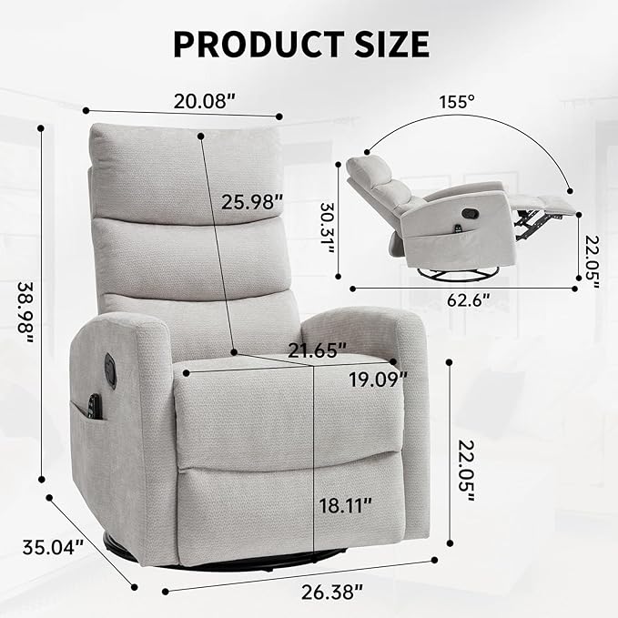 Swivel Recliner with Heat and Massage Rocker Recliner Chair for Living RoomGlider Recliner Nursery Chair with Black Metal Base/Adjustable Backrest and Footrest (Fabric Grey1)