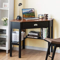RELAX4LIFE Corner Computer Desk Triangle with Drawer and Shelves Stable Laptop PC Table Home Office Writing Desk Study Workstation Desk (Coffee)