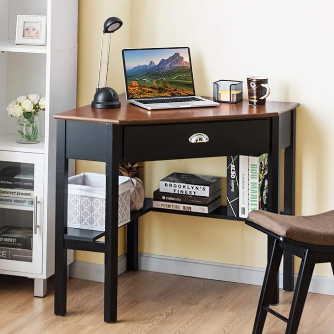 RELAX4LIFE Corner Computer Desk Triangle with Drawer and Shelves Stable Laptop PC Table Home Office Writing Desk Study Workstation Desk (Coffee)