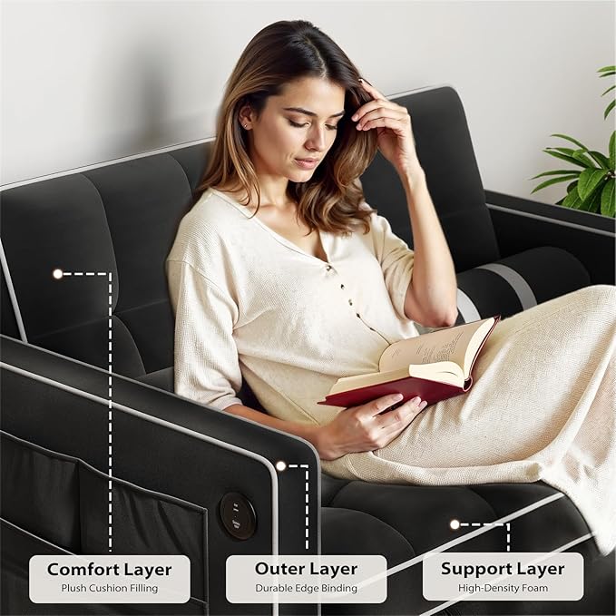 Pipishell 3 in 1 Convertible Sleeper Sofa BedPull Out Couch for Living Room with USB Ports &amp Side PocketsAdjustable BackrestVelvetLoveseat Sofa BedFuton CouchesBlack
