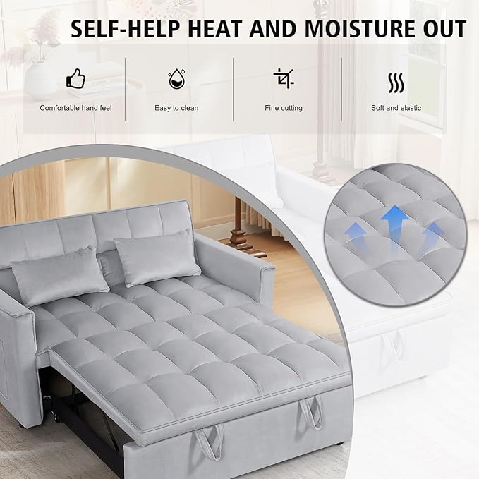 3 In 1 Velvet Convertible Sofa Bed Pull Out Couch Bed with Reclining Backrest And 2 Pillows 54 Full Size Loveseat Sleeper Sofa Futon Couch Beds Couches For Small Spaces Living Room (Silver Grey)