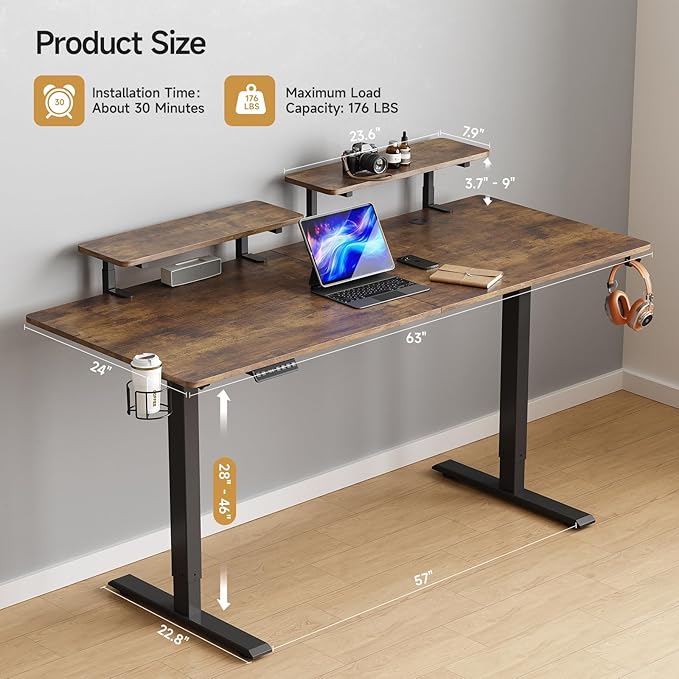 ONBRILL Standing Desk with 2 Adjustable Monitor Shelves 63 x 24 Inches Electric Stand Up Desk with Memory Controller and Adjustable Height from 28-46 inches for Computer Workstations Rustic Brown
